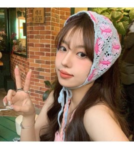 LWBC6326100081 春游花朵三角巾ins復古法式針織方巾包頭巾手工勾花甜美發帶頭帶