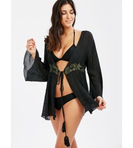 LWBC6326100082 鏤空防曬衣沙灘罩衫歐美開衫手鉤腰帶流蘇大喇叭袖