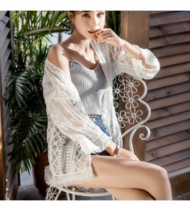 LWBC6326100090 刺繡披肩薄款外套夏海邊度假外搭沙灘防曬衣女中長款蕾絲開衫