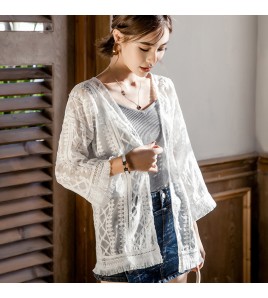 LWBC6326100090 刺繡披肩薄款外套夏海邊度假外搭沙灘防曬衣女中長款蕾絲開衫