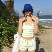 HSPN6330100001 小清新條紋掛脖少女分體比基尼性感顯瘦小胸純欲度假溫泉泳衣