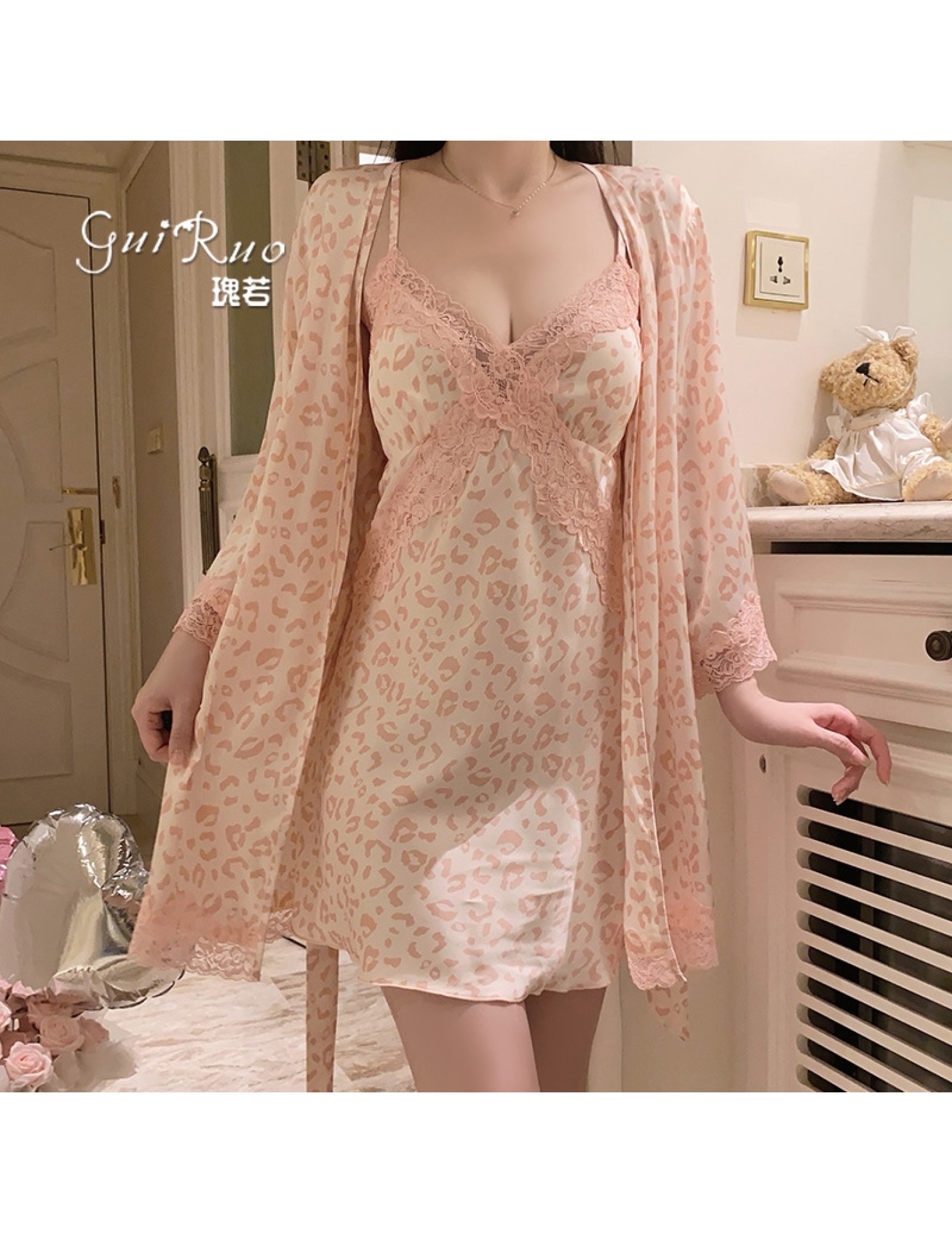 LPLT6319100076 大碼內衣火辣純欲印花緞面蕾絲女睡裙外袍家居誘惑套裝