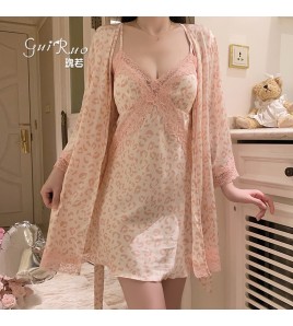 LPLT6319100076 大碼內衣火辣純欲印花緞面蕾絲女睡裙外袍家居誘惑套裝