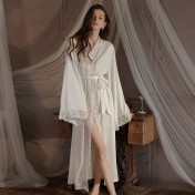 LPLT6319100079 大碼夏季冰絲長款拼接蕾絲睡衣純欲風系帶外袍家居服套裝