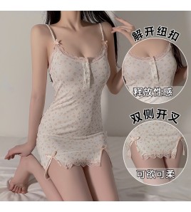 LPLT6319100085 內衣大碼誘惑小碎花甜美吊帶睡裙開襟外袍家居服套裝