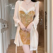 LPLT6319100087 內衣甜美誘惑飛袖深V露背加胸墊絲絨睡裙外袍女套裝