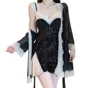 LPLT6319100087 內衣甜美誘惑飛袖深V露背加胸墊絲絨睡裙外袍女套裝