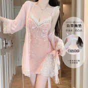LPLT6319100087 內衣甜美誘惑飛袖深V露背加胸墊絲絨睡裙外袍女套裝