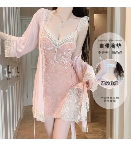LPLT6319100087 內衣甜美誘惑飛袖深V露背加胸墊絲絨睡裙外袍女套裝