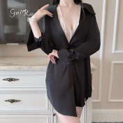 LPLT6319100089 性感深V慵懶開襟襯衫甜美誘惑蕾絲寬松男友風睡裙套裝