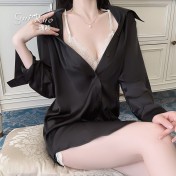 LPLT6319100089 性感深V慵懶開襟襯衫甜美誘惑蕾絲寬松男友風睡裙套裝