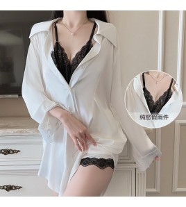 LPLT6319100089 性感深V慵懶開襟襯衫甜美誘惑蕾絲寬松男友風睡裙套裝