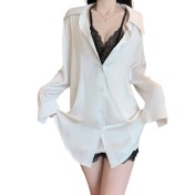 LPLT6319100089 性感深V慵懶開襟襯衫甜美誘惑蕾絲寬松男友風睡裙套裝