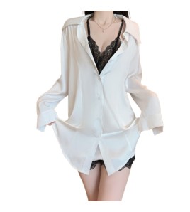 LPLT6319100089 性感深V慵懶開襟襯衫甜美誘惑蕾絲寬松男友風睡裙套裝