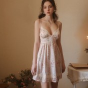 LPLT6319100091 法式碎花冰絲內衣深V加胸墊性感露背睡裙家居服大碼套裝