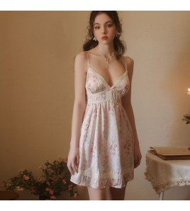 LPLT6319100091 法式碎花冰絲內衣深V加胸墊性感露背睡裙家居服大碼套裝