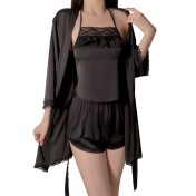 LPLT6319100092 絲滑緞面性感掛脖系帶蕾絲拼接肚兜短褲外袍女家居服套裝