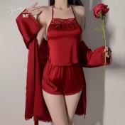 LPLT6319100092 絲滑緞面性感掛脖系帶蕾絲拼接肚兜短褲外袍女家居服套裝