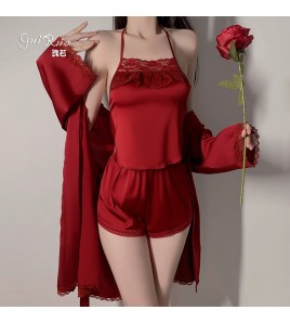 LPLT6319100092 絲滑緞面性感掛脖系帶蕾絲拼接肚兜短褲外袍女家居服套裝