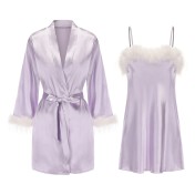 LPLT6319100096 純欲甜美羽毛點綴誘惑大碼吊帶睡裙系帶外袍女家居服套裝