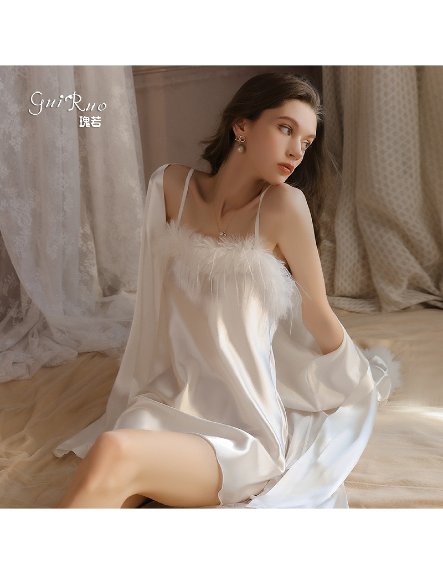 LPLT6319100096 純欲甜美羽毛點綴誘惑大碼吊帶睡裙系帶外袍女家居服套裝