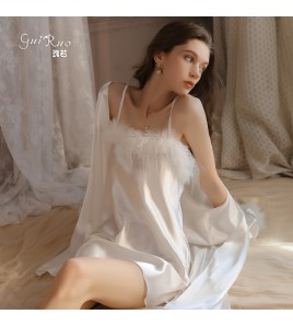 LPLT6319100096 純欲甜美羽毛點綴誘惑大碼吊帶睡裙系帶外袍女家居服套裝