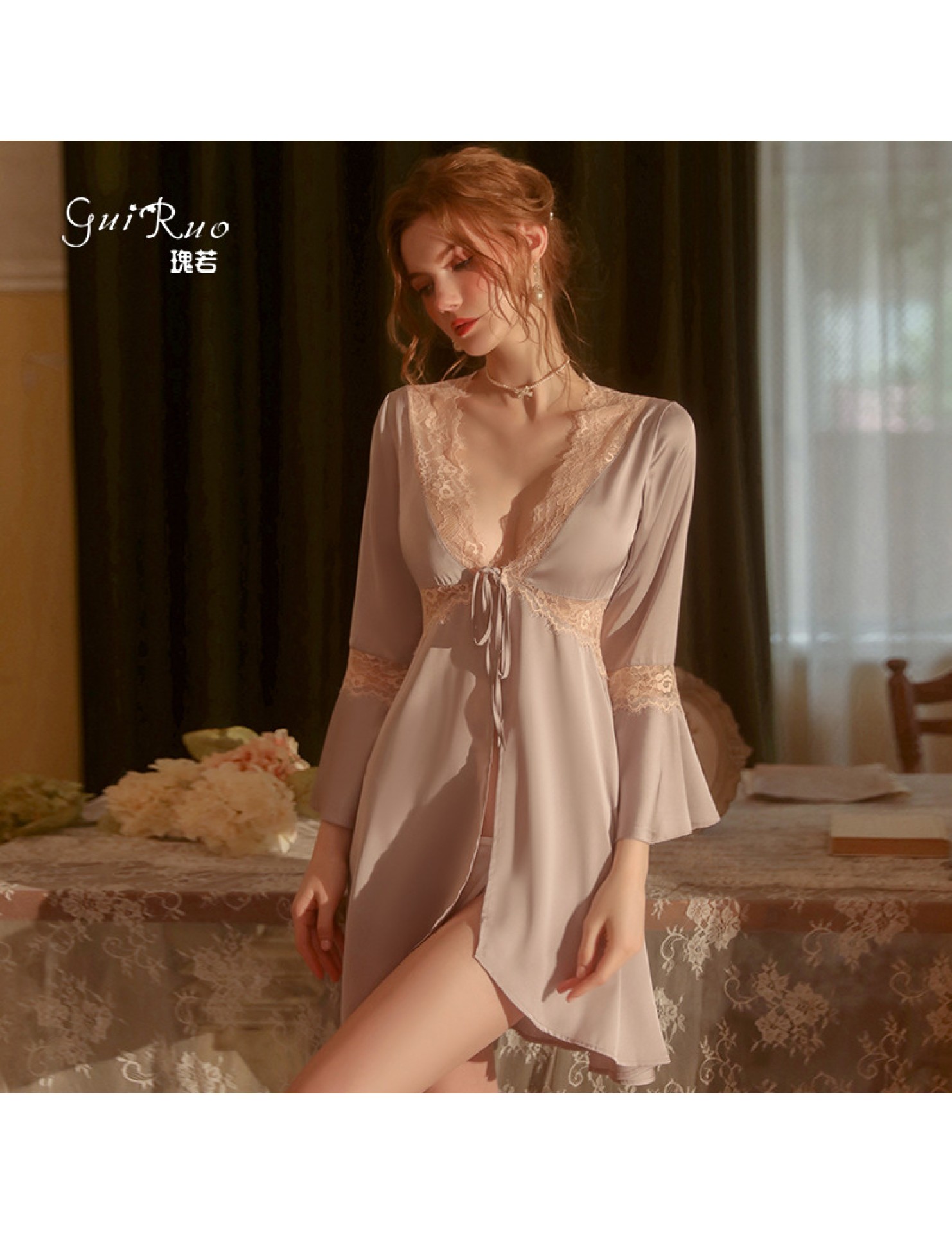 LPLT6319100099 春夏新款純色睡衣甜美蕾絲開衫系帶外袍浴袍女家居服套裝