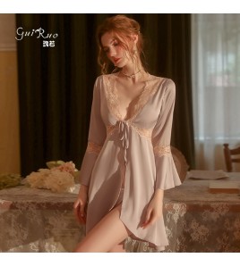 LPLT6319100099 春夏新款純色睡衣甜美蕾絲開衫系帶外袍浴袍女家居服套裝