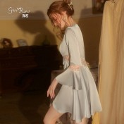 LPLT6319100099 春夏新款純色睡衣甜美蕾絲開衫系帶外袍浴袍女家居服套裝