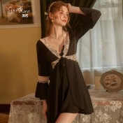 LPLT6319100099 春夏新款純色睡衣甜美蕾絲開衫系帶外袍浴袍女家居服套裝