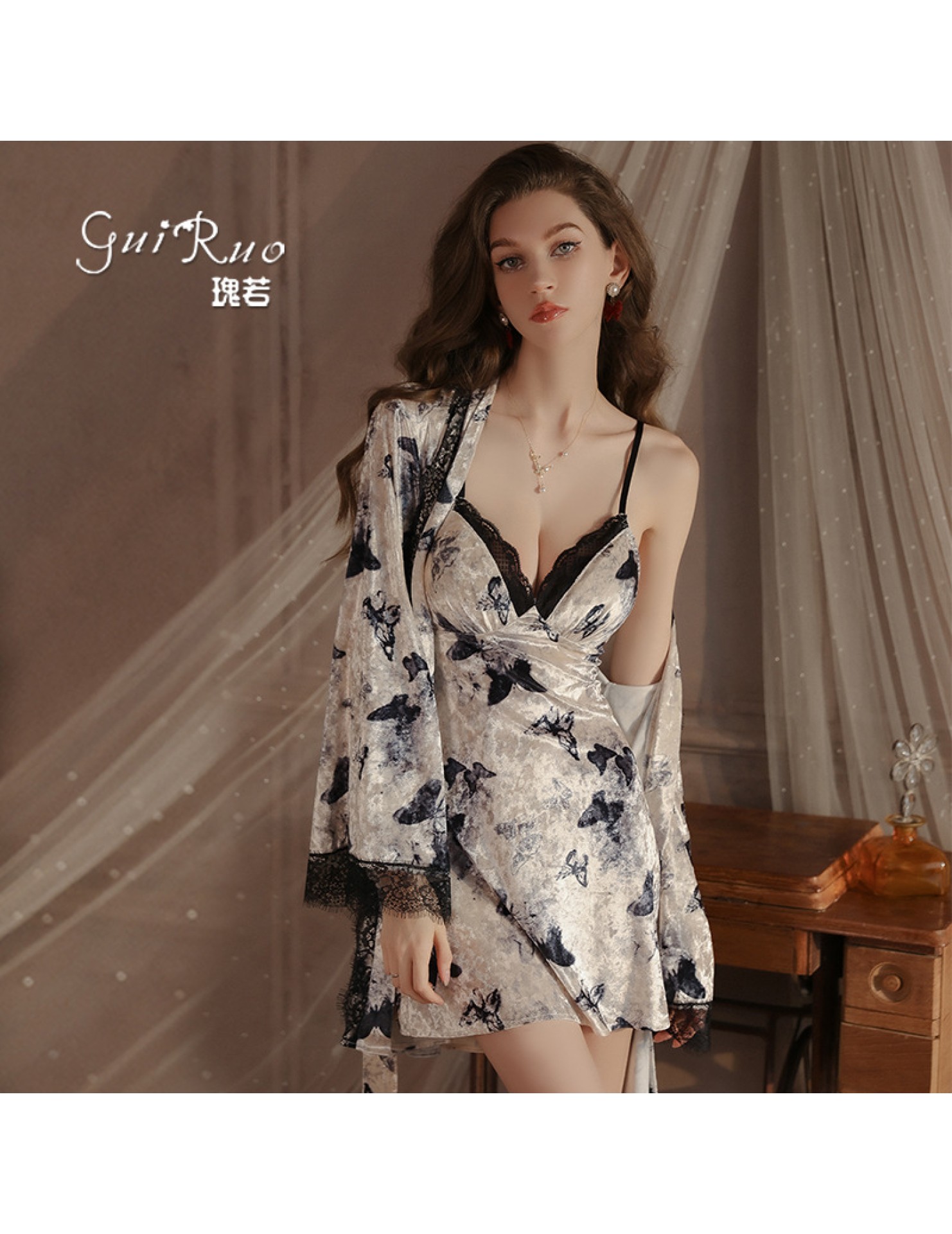 LPLT6319100100 輕奢低胸睡衣火辣深V加胸墊露背吊帶睡裙外袍大碼套裝