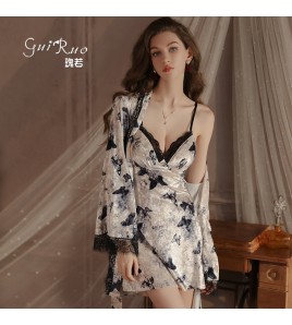 LPLT6319100100 輕奢低胸睡衣火辣深V加胸墊露背吊帶睡裙外袍大碼套裝