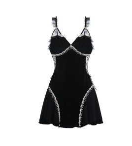 LPLT6319100103 絲絨內衣透視露背深V誘惑加胸墊純欲睡裙外袍家居服套裝