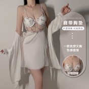 LPLT6319100109 內衣絲滑緞面拼紗加胸墊鋼圈聚攏吊帶睡裙外袍家居服套裝