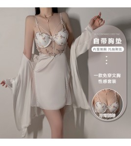 LPLT6319100109 內衣絲滑緞面拼紗加胸墊鋼圈聚攏吊帶睡裙外袍家居服套裝