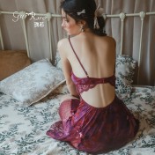 LPLT6319100110 內衣甜美蝴蝶印花火辣露背深V加胸墊睡裙外袍女套裝