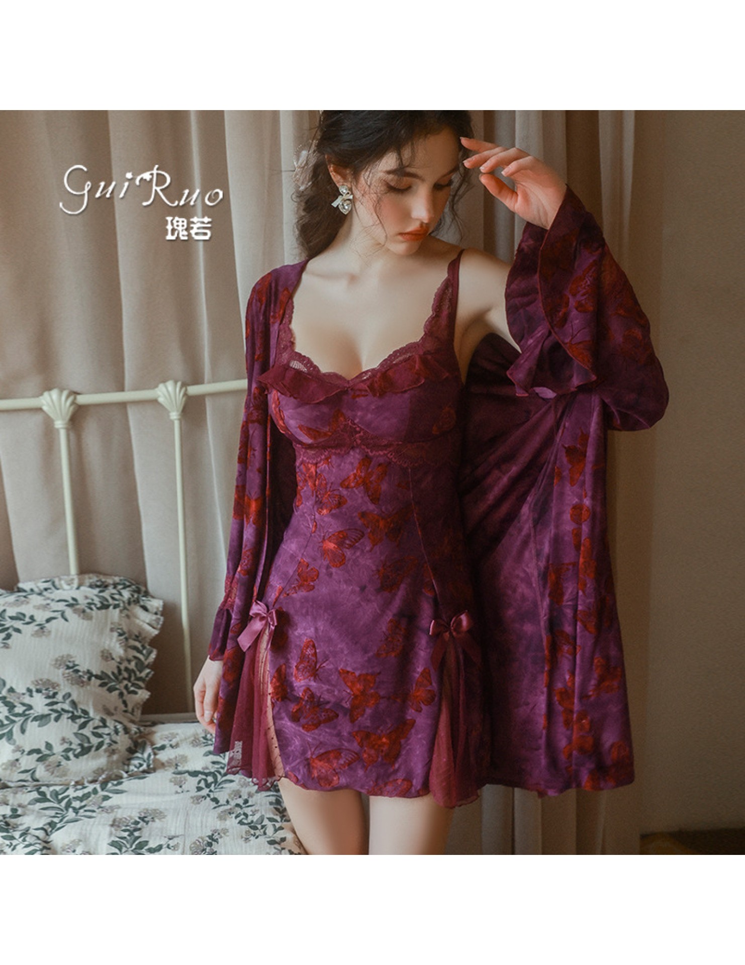 LPLT6319100110 內衣甜美蝴蝶印花火辣露背深V加胸墊睡裙外袍女套裝