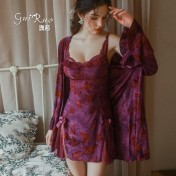 LPLT6319100110 內衣甜美蝴蝶印花火辣露背深V加胸墊睡裙外袍女套裝