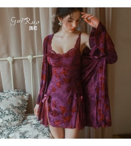 LPLT6319100110 內衣甜美蝴蝶印花火辣露背深V加胸墊睡裙外袍女套裝