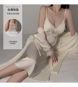 LPLT6319100113 網紗睡衣深V加胸墊吊帶睡裙絲滑外袍家居服套裝