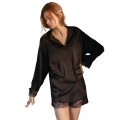 LPLT6319100117 火辣低胸開襟透視鏤空男友風襯衫絲滑緞面睡裙家居套裝