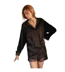 LPLT6319100117 火辣低胸開襟透視鏤空男友風襯衫絲滑緞面睡裙家居套裝