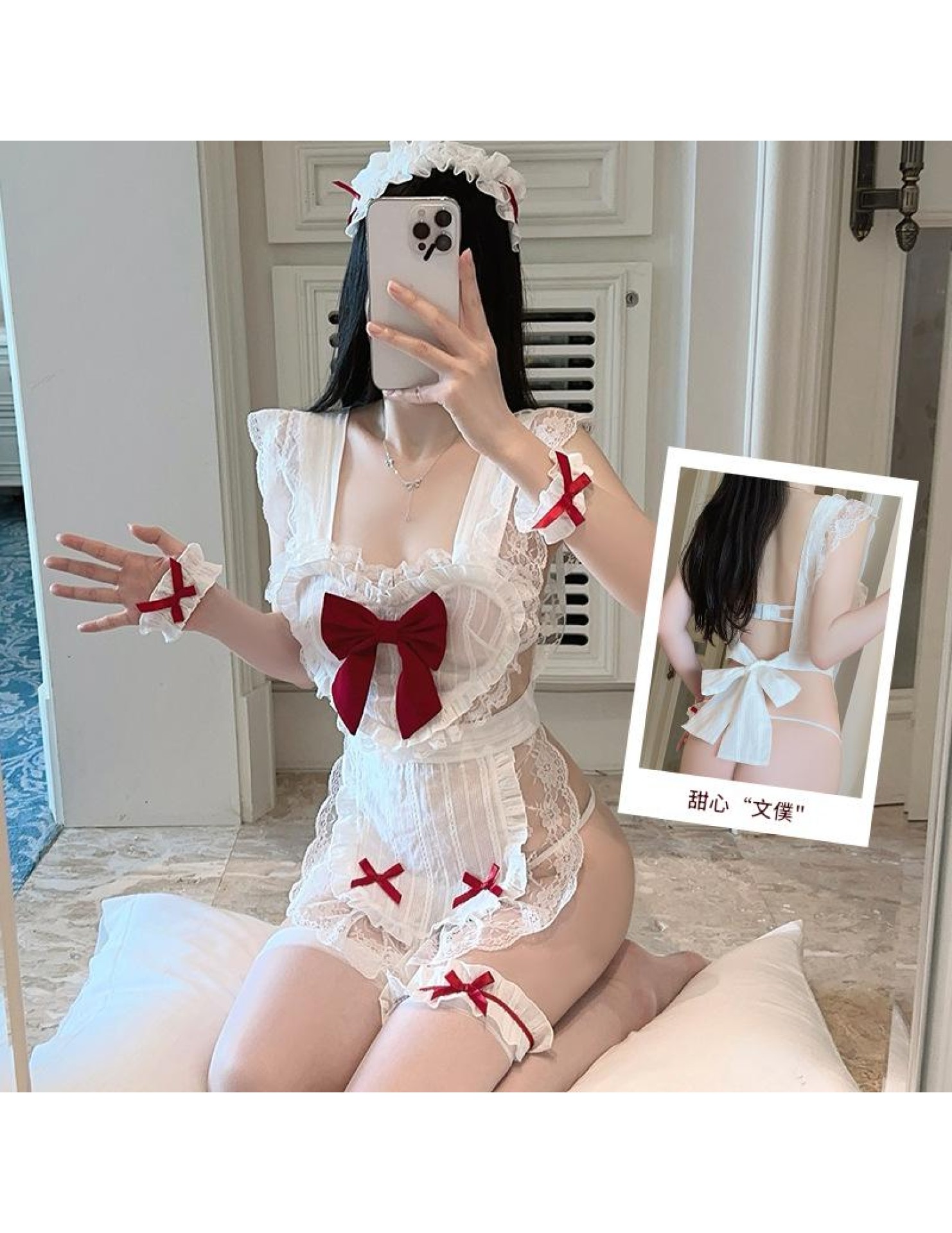 LPLT6319100119 大碼情趣內衣甜美透視蕾絲可愛蝴蝶結裝飾女傭制服騷套裝