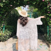 LWBC6326100043 度假旅游寬松刺繡蕾絲網紗七分袖中長款海邊防曬衣開衫女
