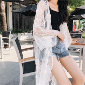 LWBC6326100043 度假旅游寬松刺繡蕾絲網紗七分袖中長款海邊防曬衣開衫女