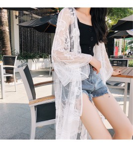 LWBC6326100043 度假旅游寬松刺繡蕾絲網紗七分袖中長款海邊防曬衣開衫女