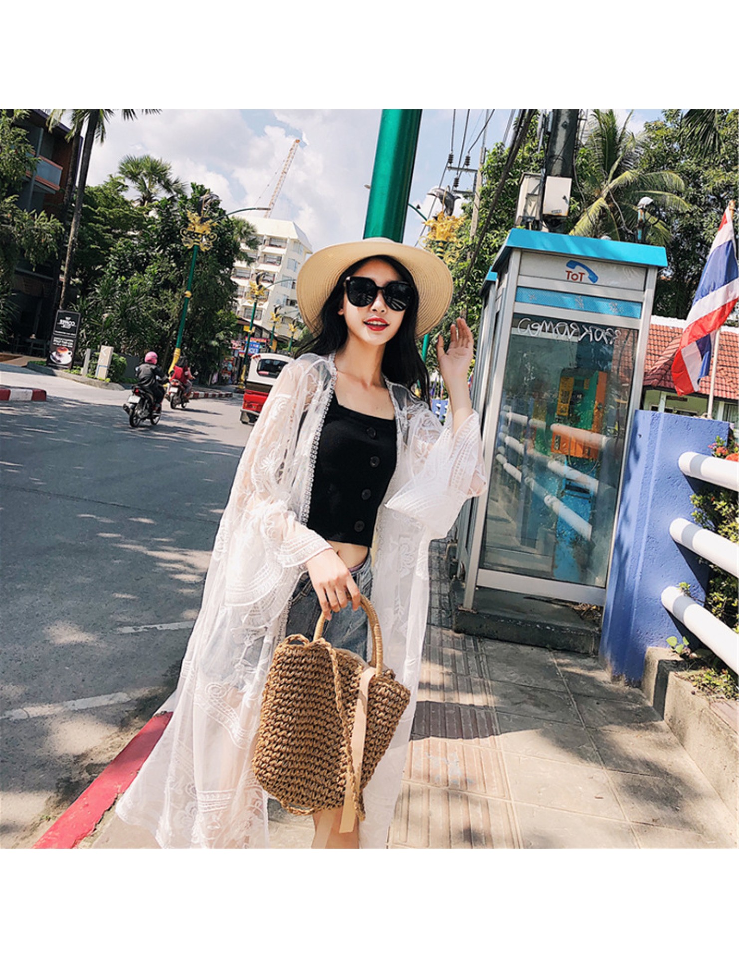 LWBC6326100043 度假旅游寬松刺繡蕾絲網紗七分袖中長款海邊防曬衣開衫女