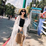 LWBC6326100043 度假旅游寬松刺繡蕾絲網紗七分袖中長款海邊防曬衣開衫女