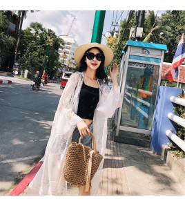 LWBC6326100043 度假旅游寬松刺繡蕾絲網紗七分袖中長款海邊防曬衣開衫女