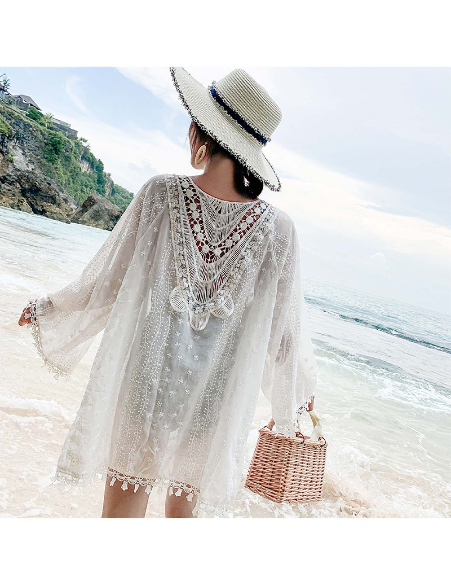 LWBC6326100046 蕾絲雪紡衫流蘇開衫外搭 度假民族風波西米亞沙灘防曬衣女